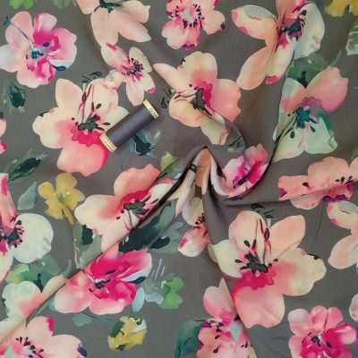 Fresh floral print on soft grey 100% viscose challis