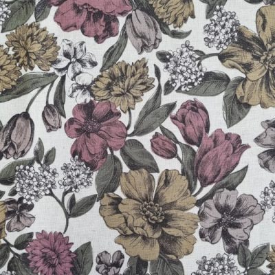 Heady Floral Pink and Saffron on Natural Ground Cotton Linen
