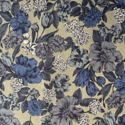 Heady Floral Blues on Beige Ground Cotton Linen