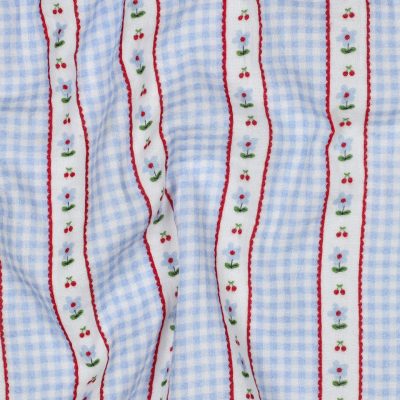 Blue Gingham and Buds Stripe Double Gauze