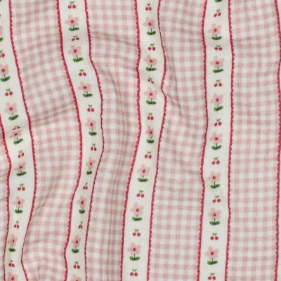 Pink Gingham and Buds Stripe Double Gauze