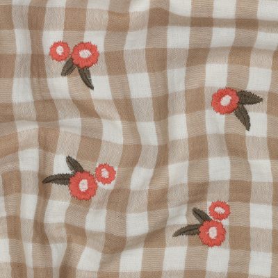 Tan Gingham Double Gauze with Embroidered Posies