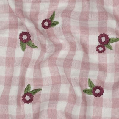 Pink Gingham Double Gauze with Embroidered Posies