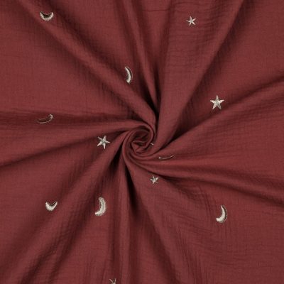 Garnet Moon and Stars Embroidered Double Gauze